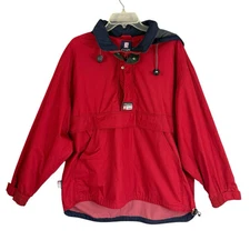 Chaps Men's Large 1/4 Zip Windbreaker Hooded Jacket Anorak Pockets Red VTG 90s