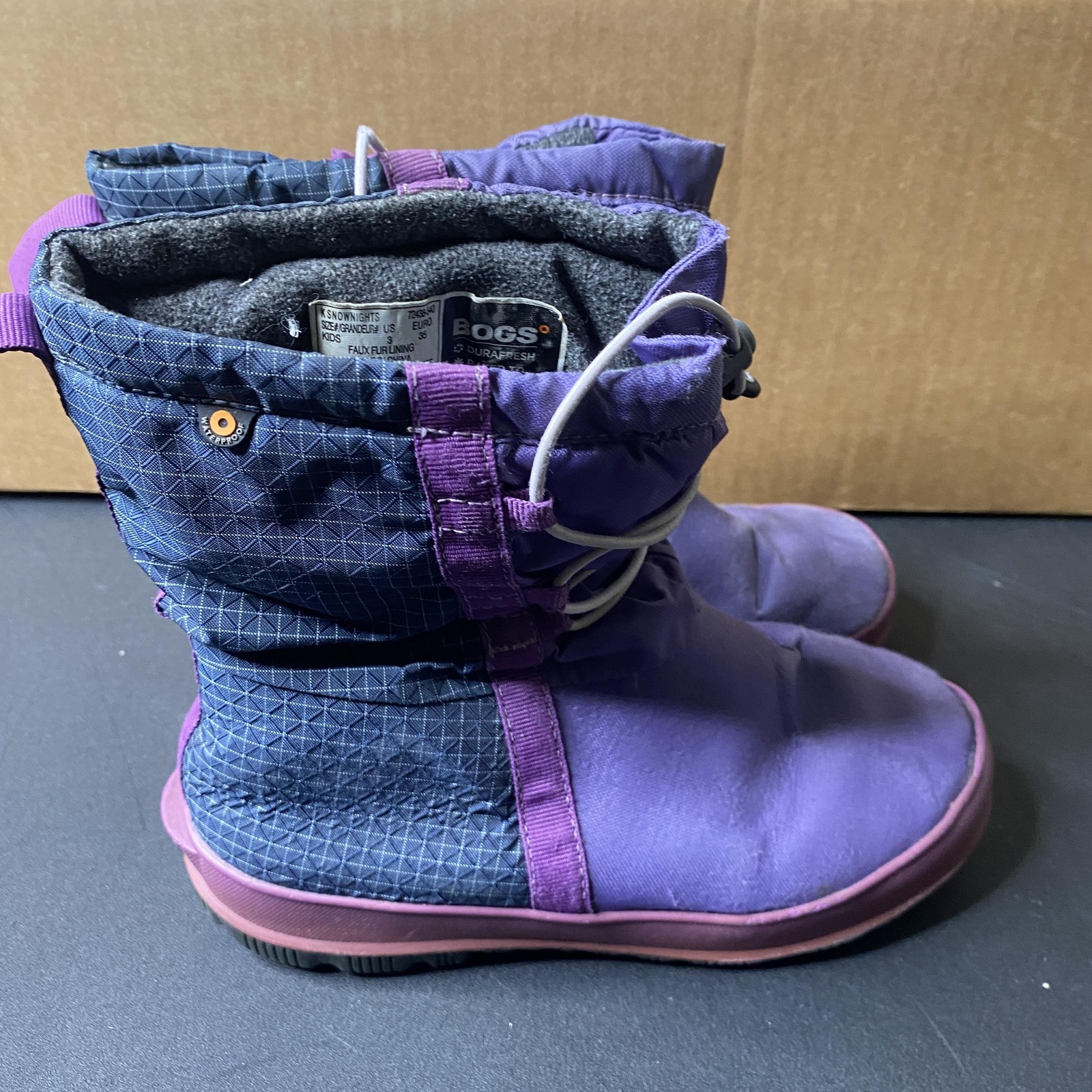 Bogs SnowNights Boots Kids Size 3 Purple Insulated Winter Snow Faux Fur Lined
