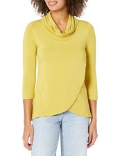 Women's 3/4 Sleeve Cowl Collar Wrap Front High-Low Solid Top, Citron, XSmall