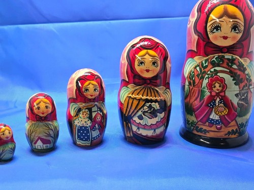 Signed Russian Nesting Dolls Matryoshka 5pc Little Red Riding Hood Fairy Tale