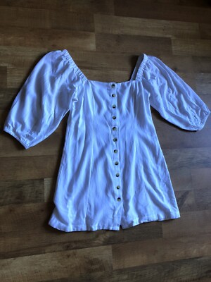 puff sleeve linen blend mini dress GB Linen Blend Short Puff Sleeve Mini Dress, Womens, Juniors, M, Rich Blue