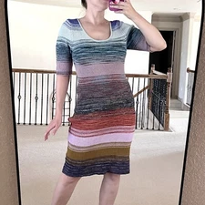 By Anthropologie Elodie Space-Dyed Knit Midi Dress Size L Striped Pink Blue