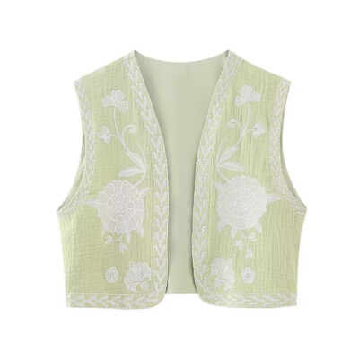 Lady Casual Sleeveless Tops Vest Floral Embroidered Front Open Waistcoat Jacket