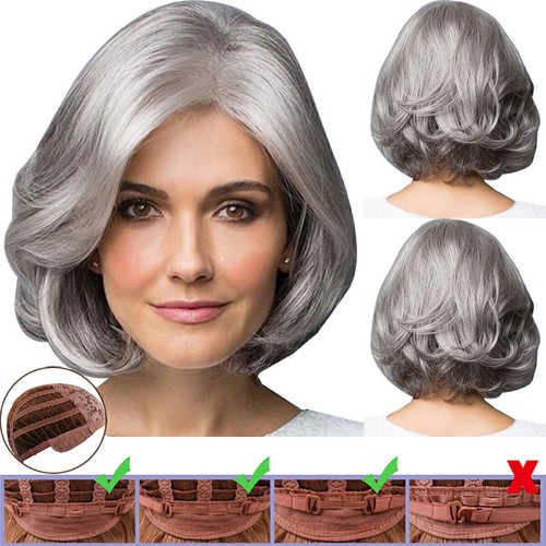 Women's Ladies Silver Grey Short Curly BOB Style Hair Wig Real Full Wigs Natural - Picture 2 of 6