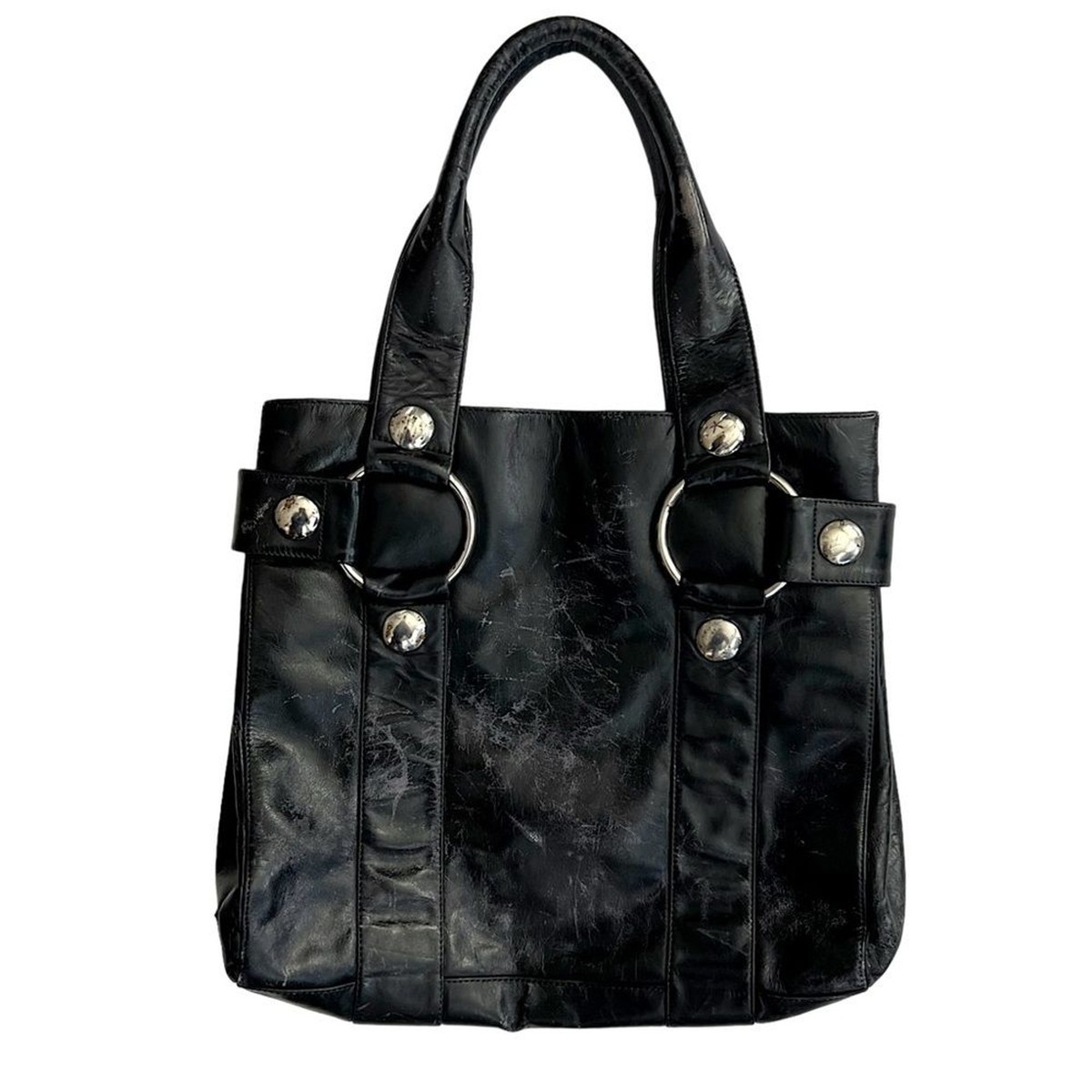 Vintage Kooba Leather Tote Bag Purse Hobo Black Distressed Silver 
