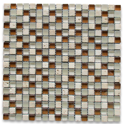 A22003 Glass Mosaic Tile White Brown Glass Beige Travertine 5/8'' Backsplashes