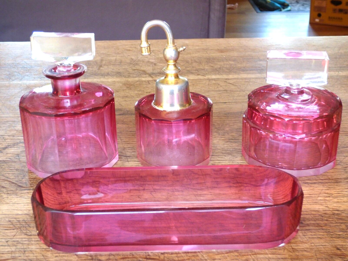 Ensemble De Toilette Art Déco En Cristal Rose Bayel - 6 Pièces Années 30/40