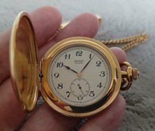 NICE RARE VINTAGE SEIKO QUARTZ 7N07-0010 POCKET WATCH GOLD TONE...SIZE 42 MM.