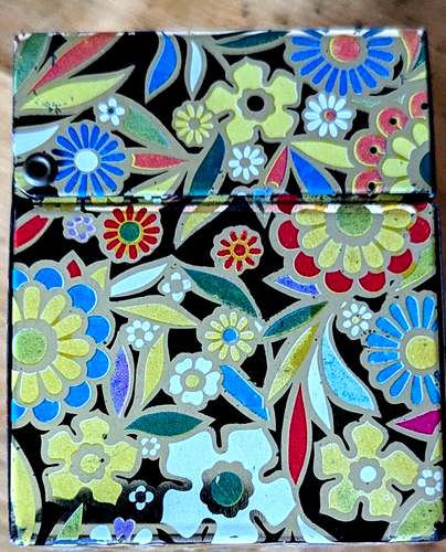 Vtg Metallic Gold Tin Recipe Box Mod Hippie Multi Floral J Chein & Co USA 60 70s - Picture 6 of 11