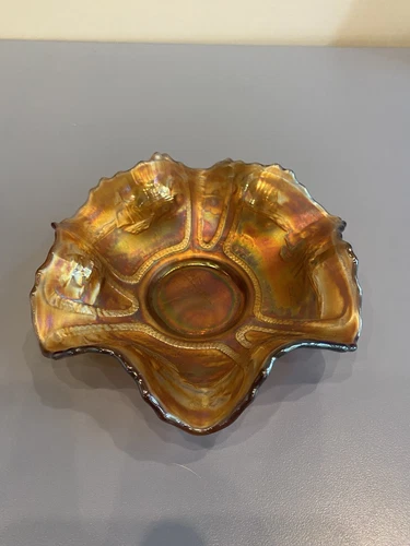 ANTIQUE FENTON Sailboat Windmill & Tree Carnival Glass Ruffled Rim Bowl 6.25"W