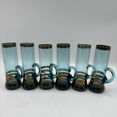 Vintage Blue Glass Cordial Liqueur Glasses Gold Band Handle Set of 6