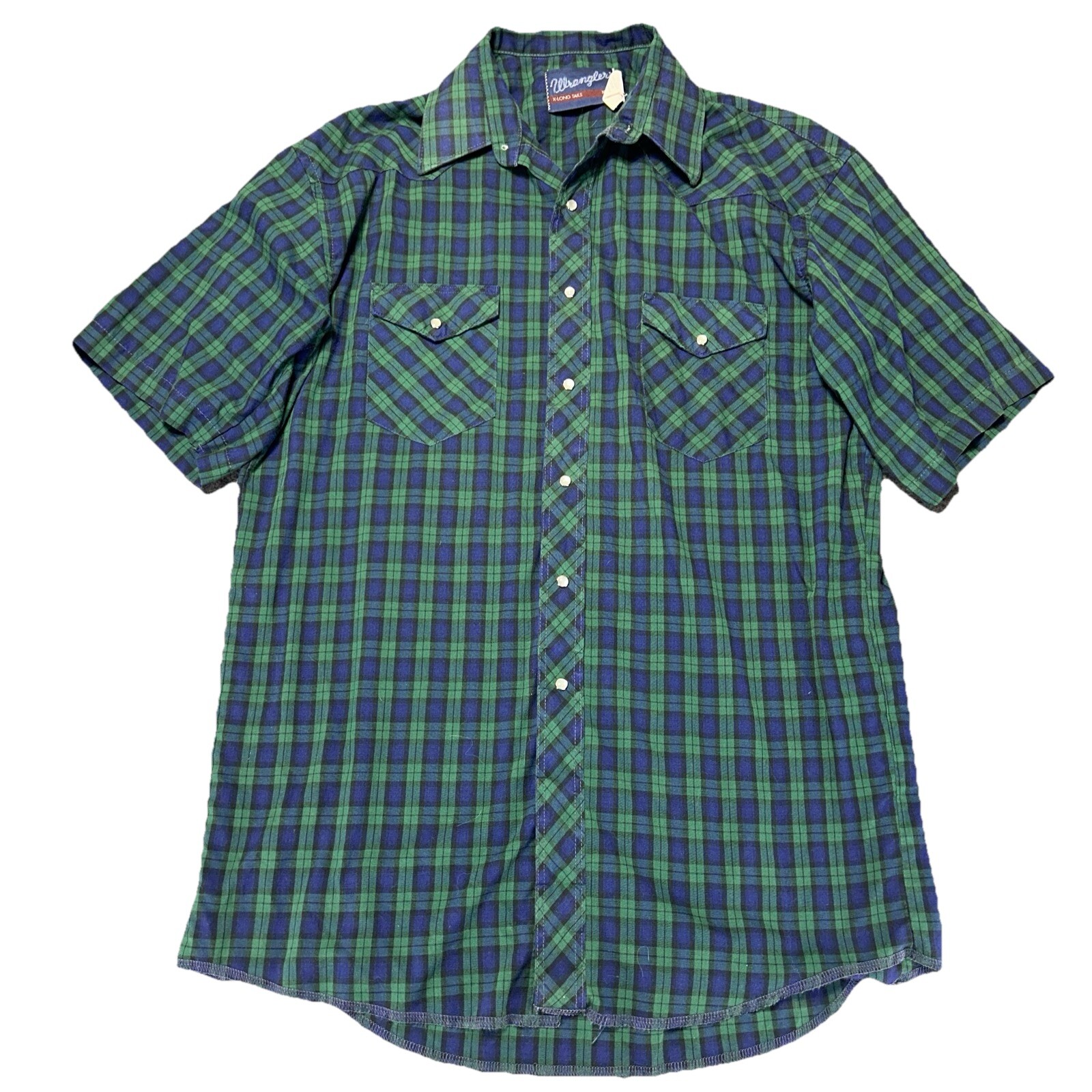 Vintage Wrangler Pearl Snap Shirt Mens L 16.5 Plaid X-Long Tails Western Cowboy