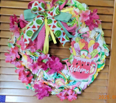 Summer Wall/door wreath Watermelon fruit bright colored w/ watering can