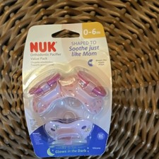 NUK Orthodontic Pacifier Value Pack 0-6m Pink Purple Bees Glow BPA-Free Silicone