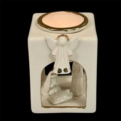 Ivory & Gold Porcelain Nativity Set Votive Holder  Square 4.25  Tall