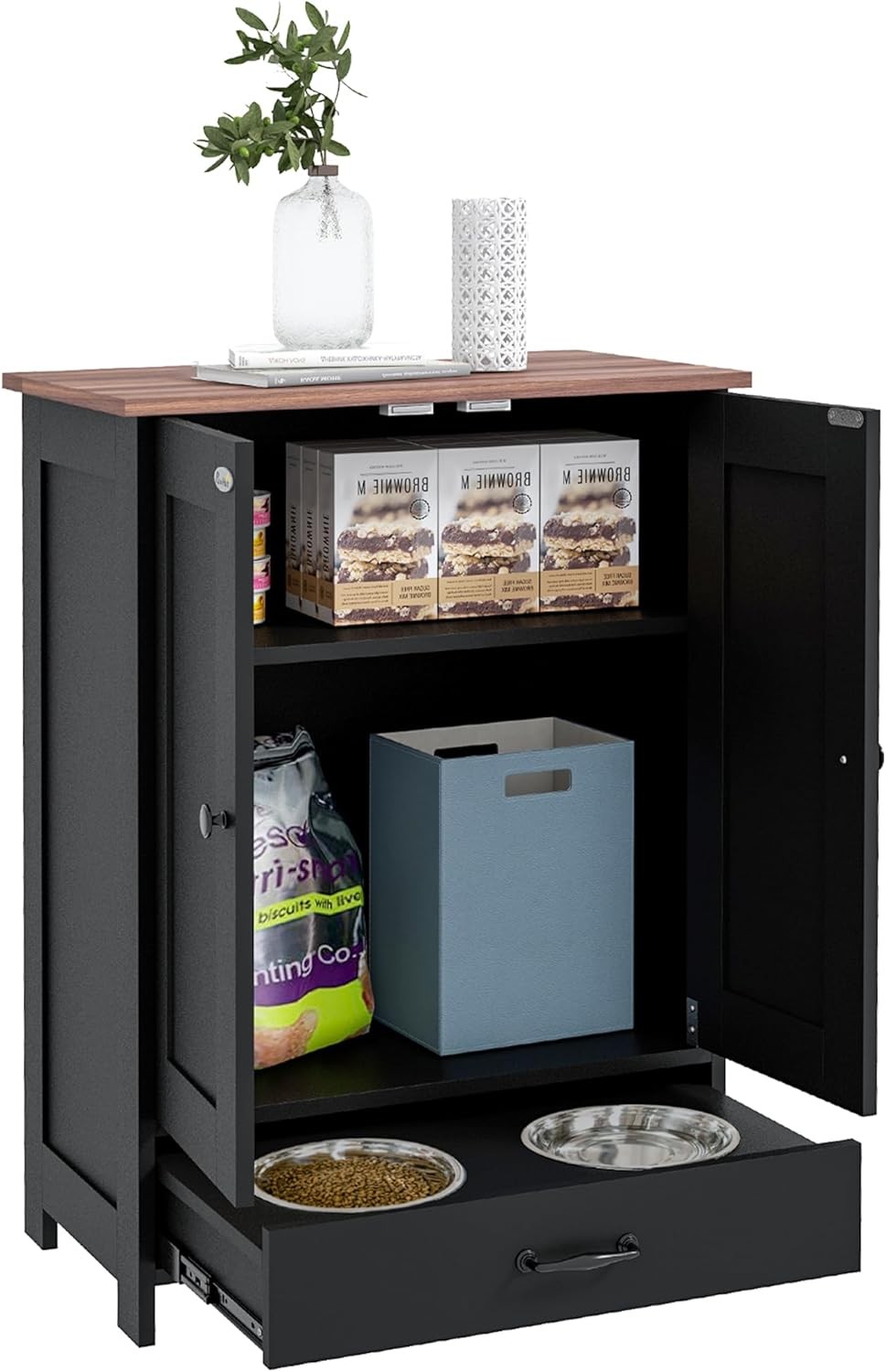 Elevated Dog Feeding Station with Food Storage Cabinet and Bowl Stand