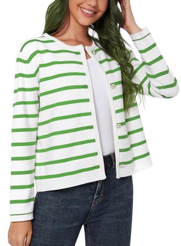 Women's Striped Cardigan Sweater Trendy Long Sleeve Button Medium Green+white - Picture 2 of 7