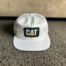 Vtg CAT Logo Trucker Hat Snap Back One Size White Tonkin Made in USA Mesh Foam