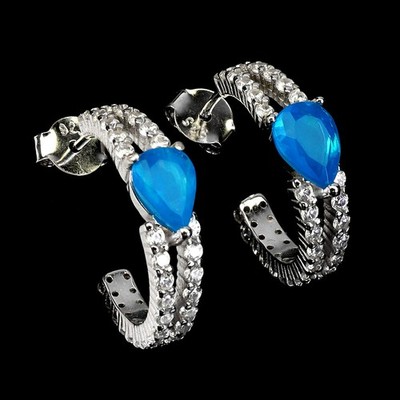 925 Sterling Silver Earrings Pear Blue Opal 7x5mm Natural Gemstone Jewelry