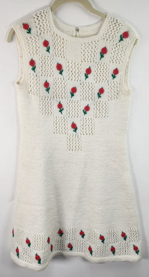 Vintage Crochet Mini Dress Women's S White Floral Handmade Boho Chic Europe