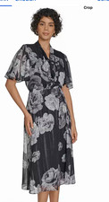 Calvin Klein Black/Gray Floral V-Neck Tie Flutter Sleeve Midi Dress 4 CD5H4JW3