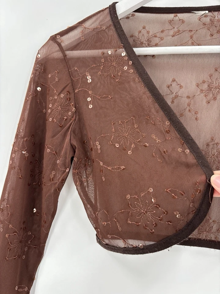 Chaqueta Bolero Mujer Vintage Años 90 Pequeña Marrón Transparente Lentejuelas Floral Bordada Foto 3 de 4