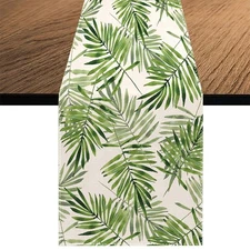 Watercolor Leaves Table Runner, Seasonal Summer Green Plants Holiday Kitchen ...