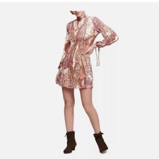 Free people sm all dolled up midi dress mock neck open back boho festival artsy