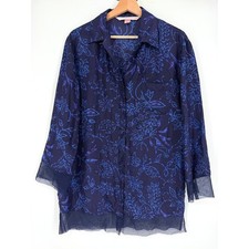Victoria's Secret Vintage Y2K Blue Silk Floral Mesh Trim Pajama Sleep Shirt
