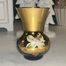 VTG MURANO Cobalt Blue Glass Vase 24K Gold Paint Flowers 3.25 Tall Made Italy