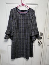 Tacera 2X Plaid Dress Black Blue White Bell Sleeve Flare NWT Plus Size