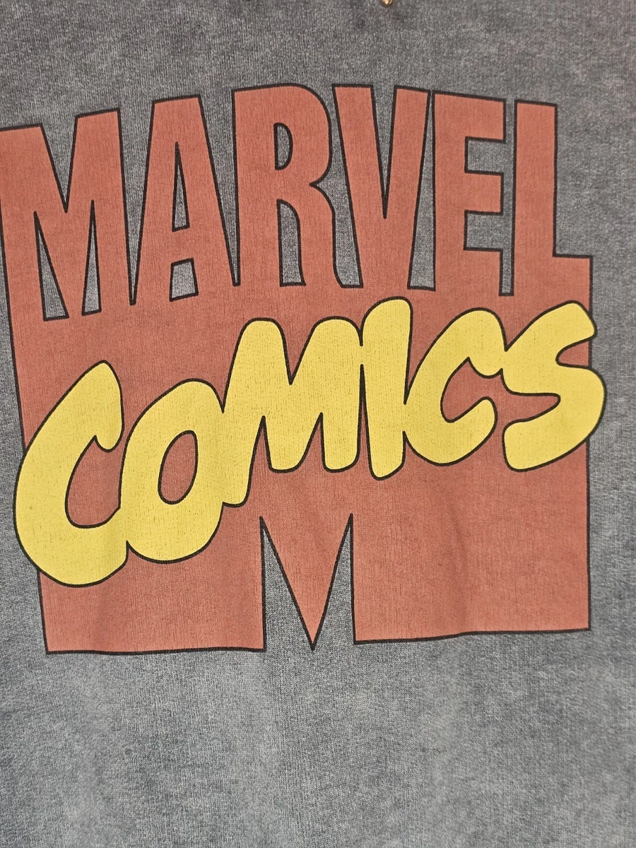 Sudadera con Capucha Oficial Marvel Comics Logo Retro XL Lavado Ácido Gris Azul Denim Look