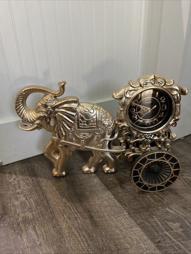 Vintage MCM Elephant And Cart Gold Quartz Clock Manix 3D Self Standing - Picture 1 of 14