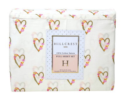 Hillcrest FULL Soft Cotton Sateen Sheet Set Hearts Flowers Gold Rose Pink NEW