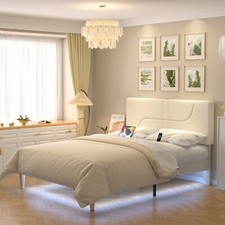 Twin Full Queen Bed Frame LED Light USB Charging Station Headboard Gray Beige