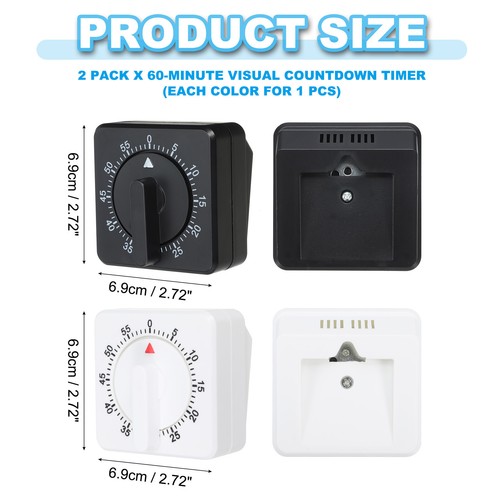 2 Pcs 60-Minute Visual Countdown Timer, Classroom Mechanical Timer, White-Black - Picture 2 of 6