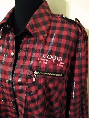 New Coogi Womens Holiday Dress Shirt Hem Red Plaid Gold Snap Metallic  Stripes 3X | eBay