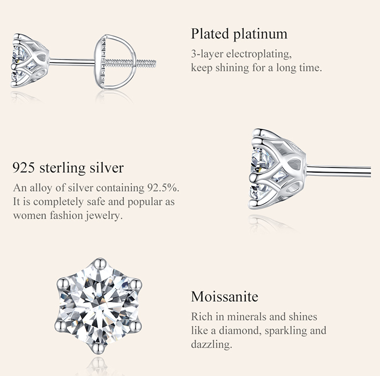 1 Carat Moissanite Stud Earrings Screw Back Solitaire White Gold Plated ...