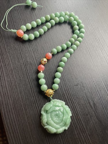 Aventurine Necklace with Carved Lotus Pendant Adjustable Length - Picture 6 of 11