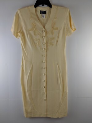 Vintage Dawn Joy 4 Petite Light Yellow Tooled Dress Belted Buttons Shoulder Pads