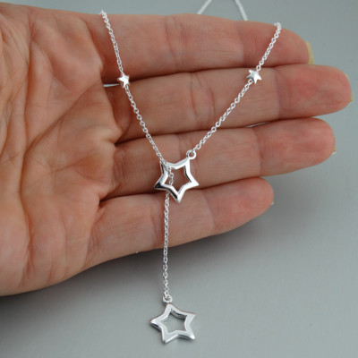 Sterne Lariat Halskette - 925 Sterling Silber Sternumriss kleine Sterne poliert 