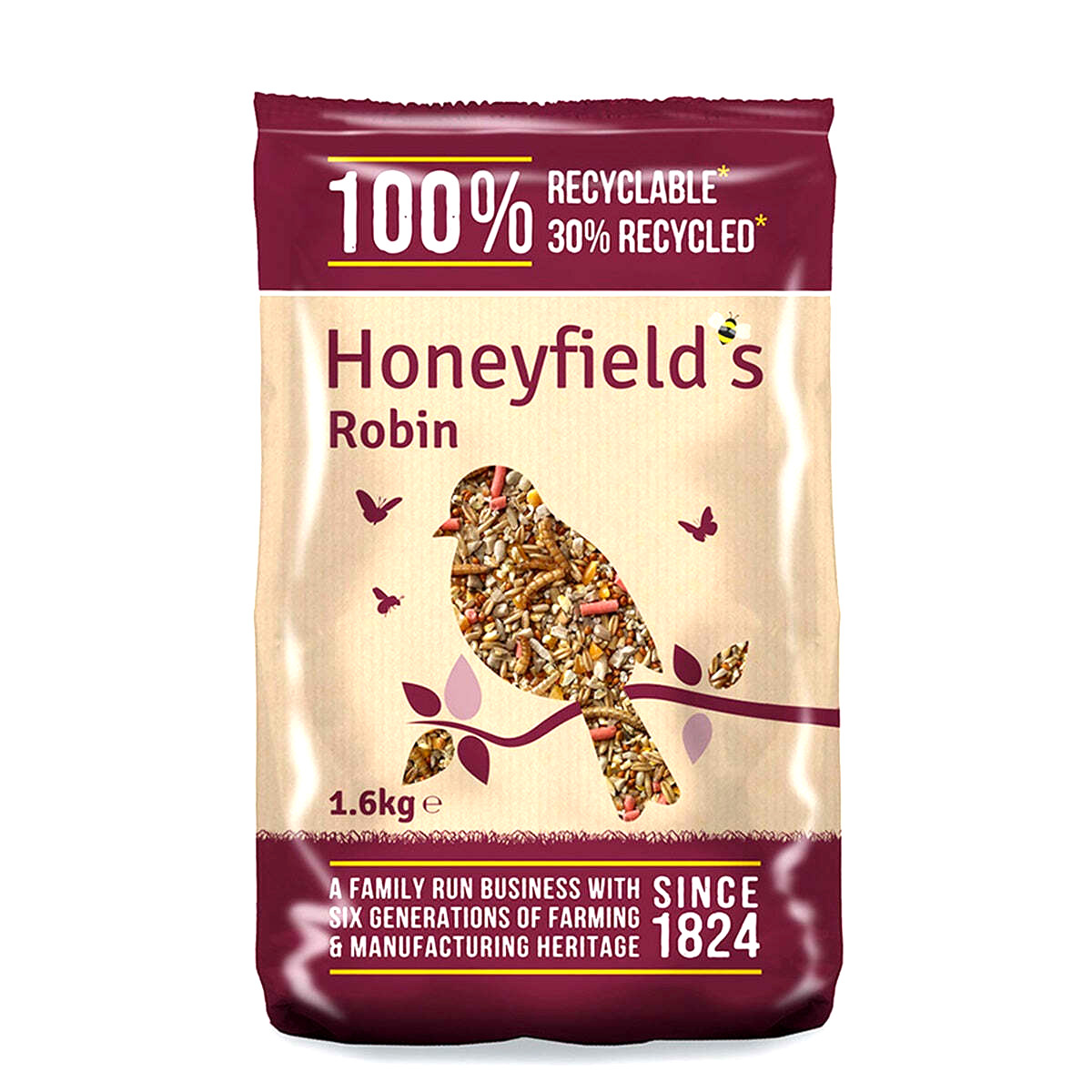 1.6KG HONEYFIELDS ROBIN : Wild Bird Seed Mix Sunflower Suet Pellet Mealworm Feed