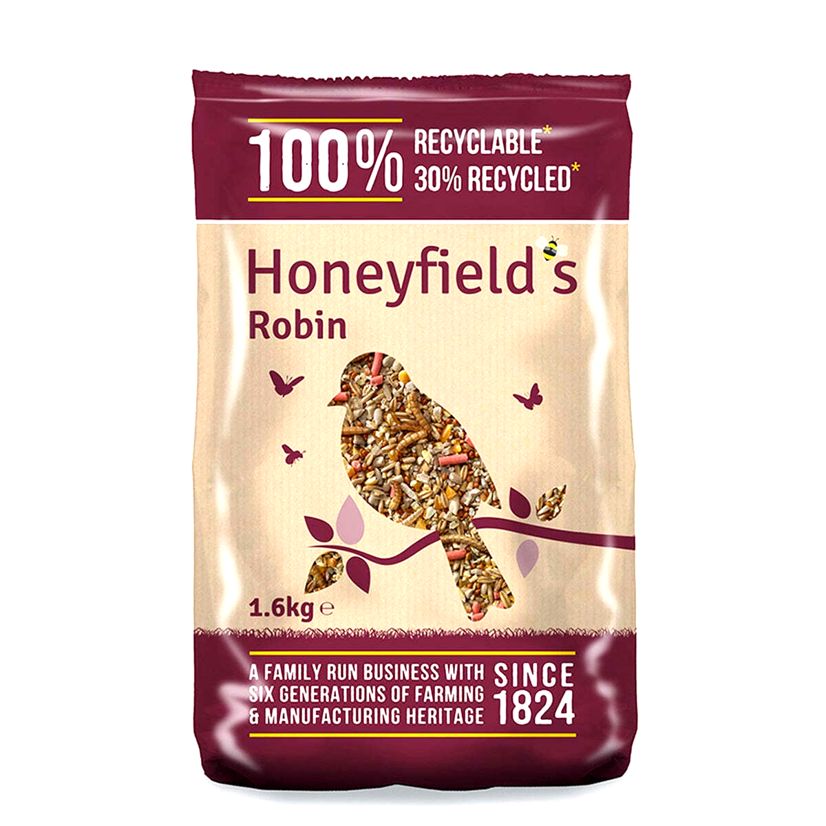 1.6KG HONEYFIELDS ROBIN : Wild Bird Seed Mix Sunflower Suet Pellet Mealworm Feed