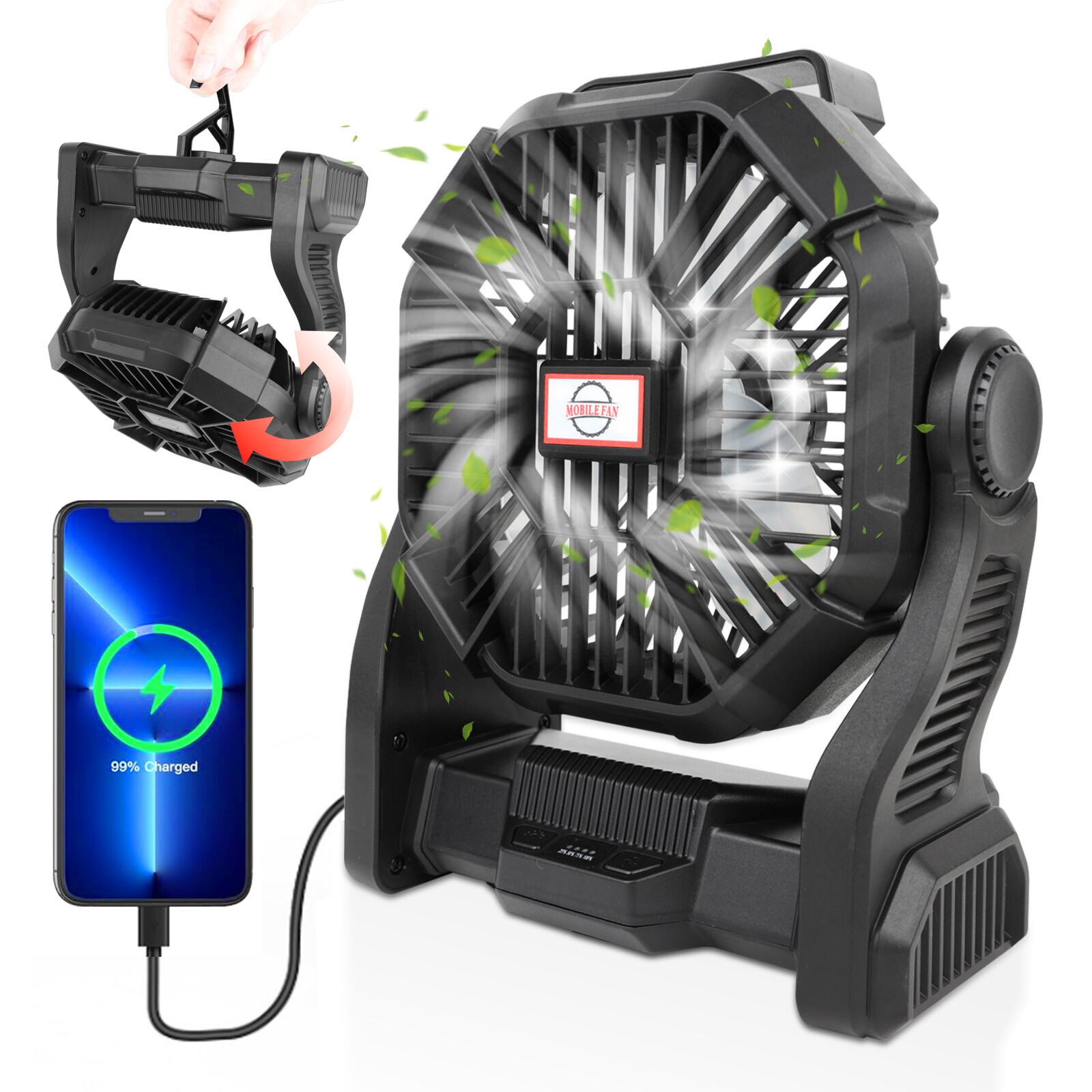 Portable Camping Fan with LED Lantern USB Rechargeable Battery Kitchen Tent Fan
