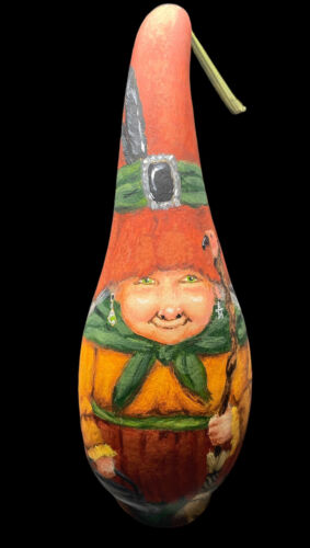 Halloween Fall Hand Painted Gourd Folk Art Witch Maeve Signed Suzy Meelhuysen - Afbeelding 1 van 9