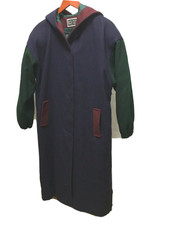 Vintage Long Coat Size 16 Hooded Blue Color Block Wool Blend Made In Usa