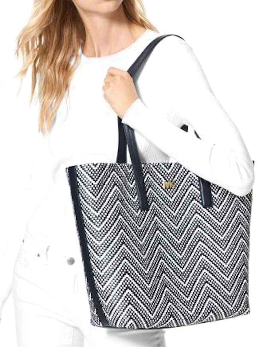MICHAEL Kors MK Junie Chevron Leather Tote Navy White Blue Handbag Handbag NEW