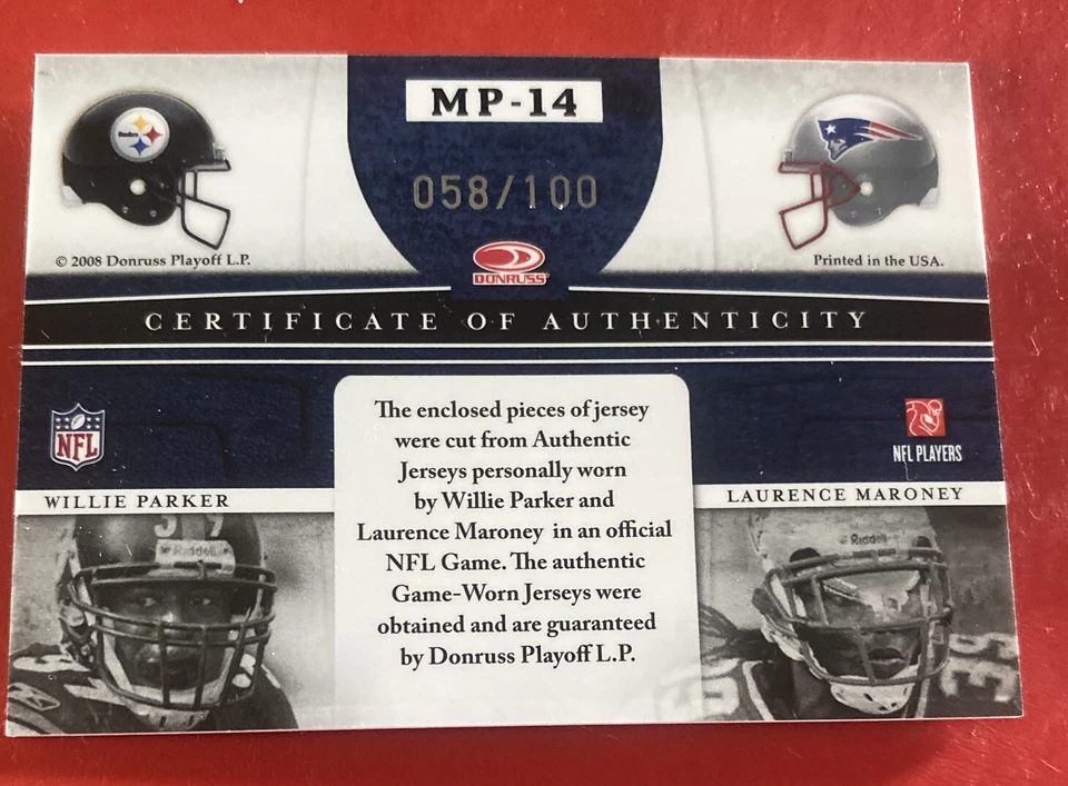 2008 Limited Matching Positions Jerseys Football Card #14 Parker/Maroney/100 - Image 2 of 2