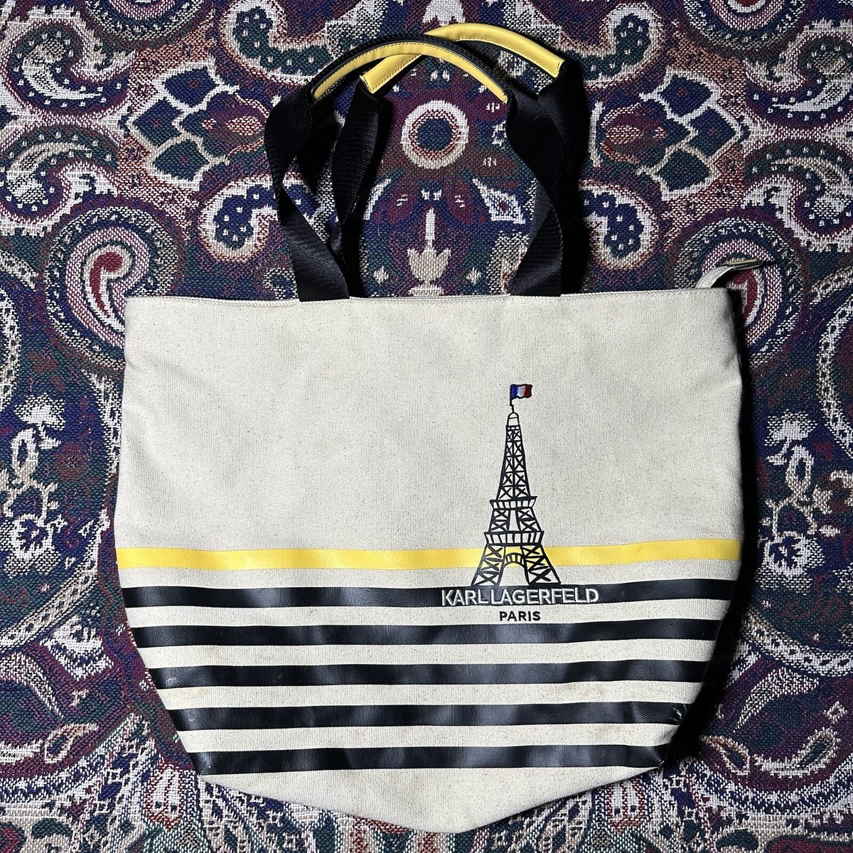 Karl Lagerfeld Paris Women's Yellow Black Beige Canvas Tote Hand