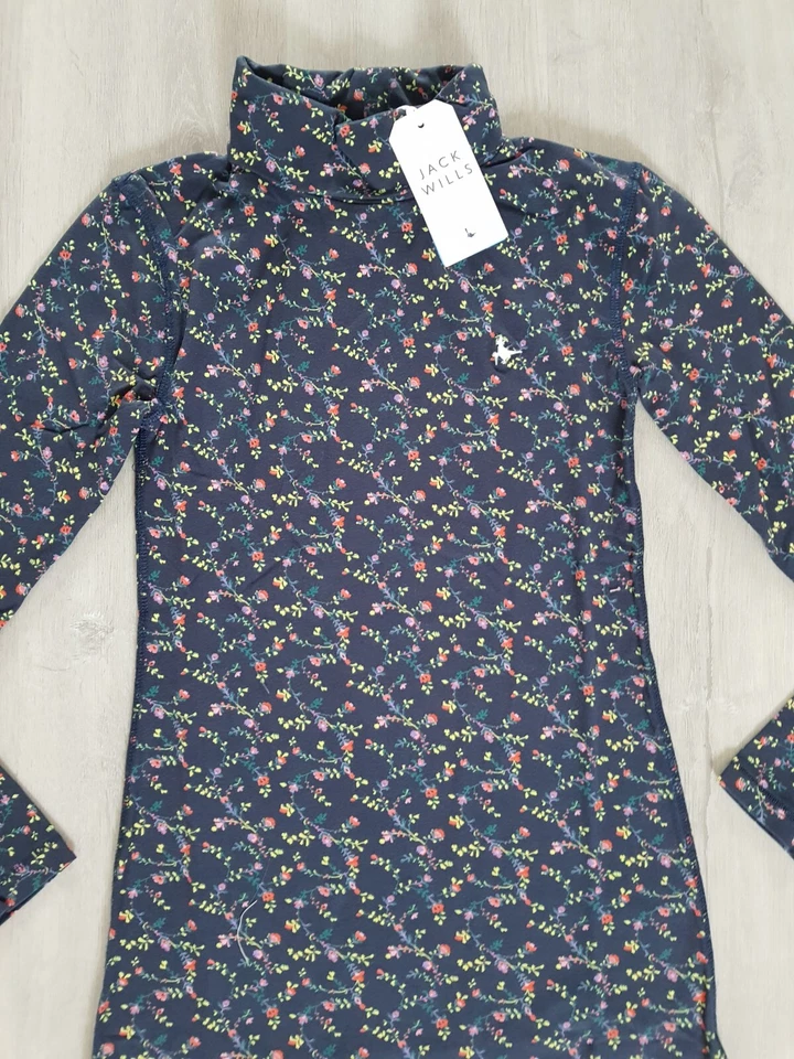 JACK WILLS size 4 ladies FLORAL HIGH NECK DRESS jersey NAVY BLUE short MINI - Image 2 of 4